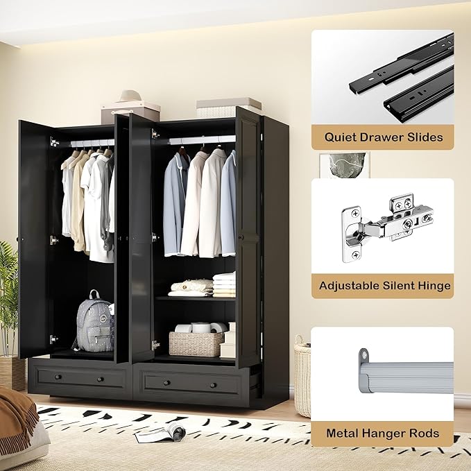 Armoire Wardrobe Closet with Drawers: 63" Black Wardrobe Closet with 4 Doors and 2 Drawers, Wood Clothes Armoire with Hanging Rod, Clothing Storage Cabinet for Bedroom