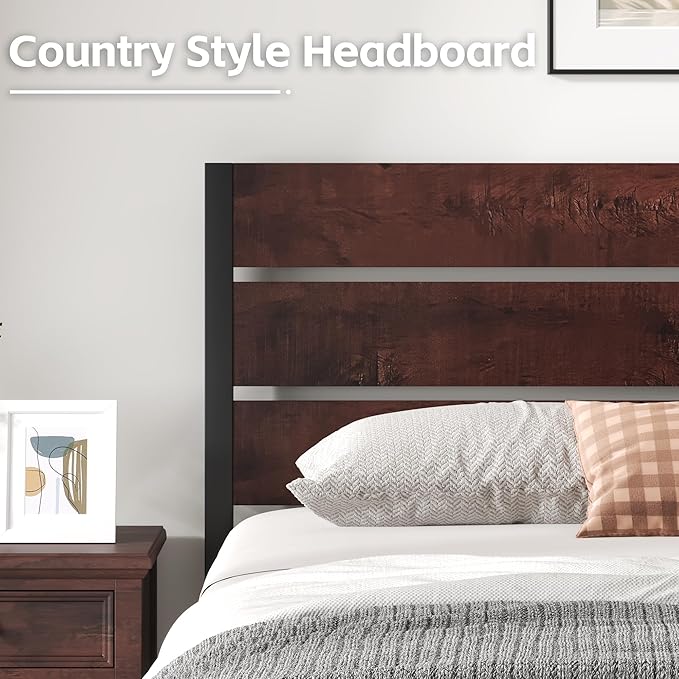 Fluest Queen Bed Frame with Headboard and Footboard, with Under Bed Storage, All-Metal Support System, No Box Spring Needed, Easy Assembly, Red Brown