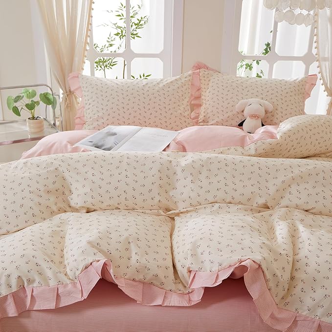 mixinni Pink Floral Duvet Cover Set King Size – 100% Cotton Ruffle Lace Bedding, Romantic Blushing Flower Print, Reversible Striped Pattern, Cottagecore Soft Aesthetic Princess Bedding for Girls