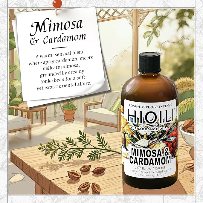 HIQILI Mimosa & Cardamom Fragrance Oil for Candle & Soap Making,Ideal for Essential Oil Diffuser, DIY Perfume, Room Sprays - 5.07 Fl Oz