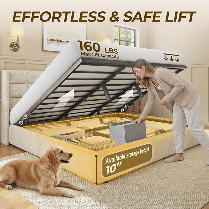 HISOFT King Size Lift Up Storage Bed Frame, Linen Upholstered Platform Bed with Wingback Headboard, Heavy Duty Hydraulic Gas Lift Underbed Space, Reinforced Full Metal Slats, Noise Free, Beige