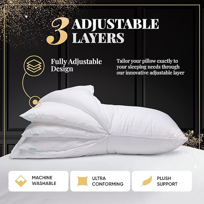 EverSnug Adjustable Layer Luxury Set of 2 Pillows for Side, Front & Back Sleepers, Cooling Hotel Pillows with 3 Layers, Down Alternative Pillow (Standard/Queen)