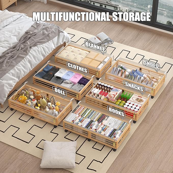 Bamboo Underbed Storage Containers with Wheels & Bag 2 Pack, Large Under Bed Rolling Storage Bins Wood Under Bed Clothes Storage Stackable Drawers for Bedroom Closet Under Crib Toy(Natural)