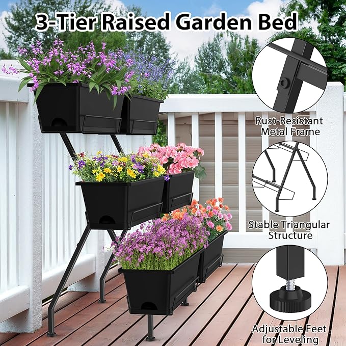 Sunexinlo 3-Tier Vertical Garden Planter with 6 Boxes, 31" Tall Raised Garden Bed with Adjustable Feet for Herbs, Flowers, Vegetables, Ideal for Indoor, Outdoor, Patio, Balcony, Deck Use, Black