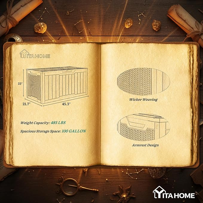 YITAHOME 100 Gallon Large Outdoor Deck Box, Waterproof Resin Storage Box, Lockable Indoor Outdoor Storage Container for Patio Furniture Cushions, Pool Accessories, Garden Tools, Dark Brown