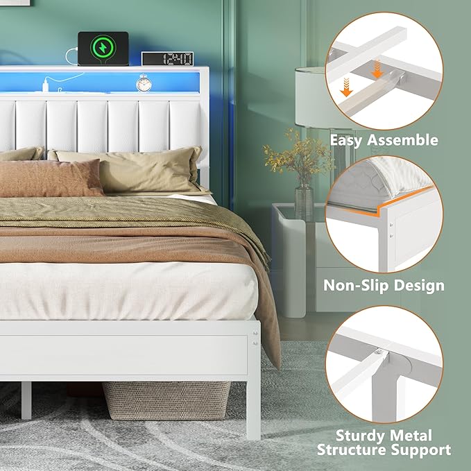 Furnulem White Queen Bed Frame with Charging Station & Led Lights, PU Leather Upholstered Headboard with 2-Tier Storage Shelves, No Box Spring Needed, Metal Slat Support, Easy Assembly