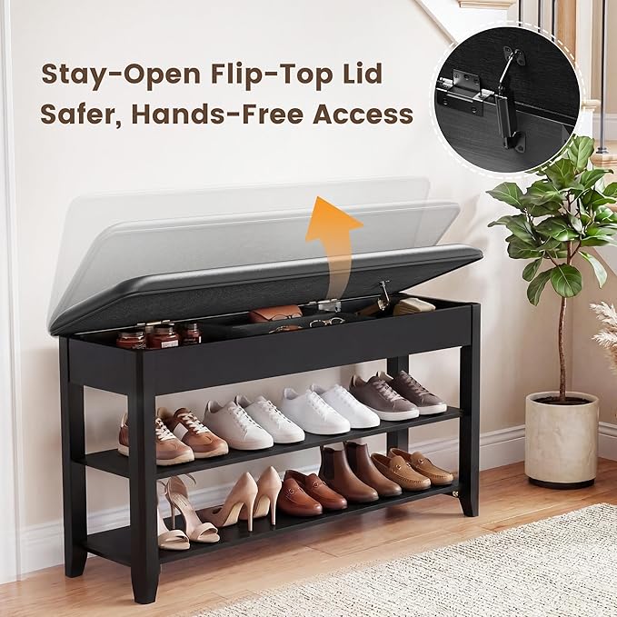LBT Shoe Bench with Storage, Solid Rubberwood Shoe Storage Bench with Cushion, 2-Tier Shoe Rack for Entryway, Shoe Rack Bench with Deep Hidden Compartment and Stay-Open Hinge, 550lb Capacity Black