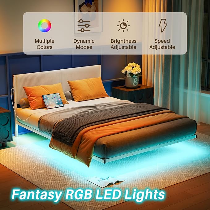 Full Size Bed Frame,Floating Bed Frame Full Size with Headboard,Upholstered Metal Platform Bed with LED Lights & Charging Station,Heavy Duty Steel Slats,No Box Spring Needed,No Noise,White Bed Frame