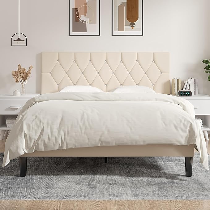 VECELO Tufted Upholstered Headboard King Size, with 6 Adjustable Height from 39.8" to 49.8", Button Diamond Design, Easy Assembly, Beige