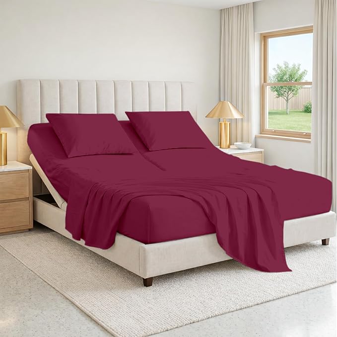 SGI bedding 36" King Split Top Flex Head Sheet 100% Egyptian Cotton Sheet Set 1000 Thread Count Flex Top Sheet for Adjustable Bed 4Pc Sheet Set 15" Deep Pocket for Sleep Number Bed - Burgundy