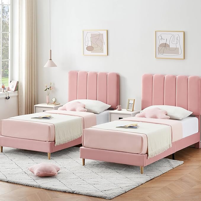 GarveeHome Twin Bed Frame, Upholstered Platform Bed with Wave Headboard for Girls/Kids, Easy Assembly, Wooden Slats Support, No Box Spring Needed, Velvet Pink
