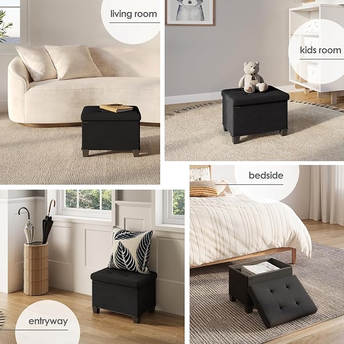 Storage Ottoman Cube with Small Bin, 16-in Square Ottoman with Storage for Living Room and Bedroom, Small Ottomans Foot Rest, Fabric Foot Stools Ottomans Max 330lbs, Black
