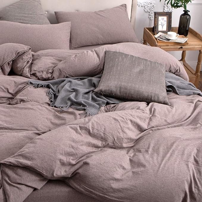 PURE ERA Jersey Knit Duvet Cover Set 100% T-Shirt Cotton Super Soft Comfy 3pc Bedding Set with Zipper Closure (Heather Brown, King)
