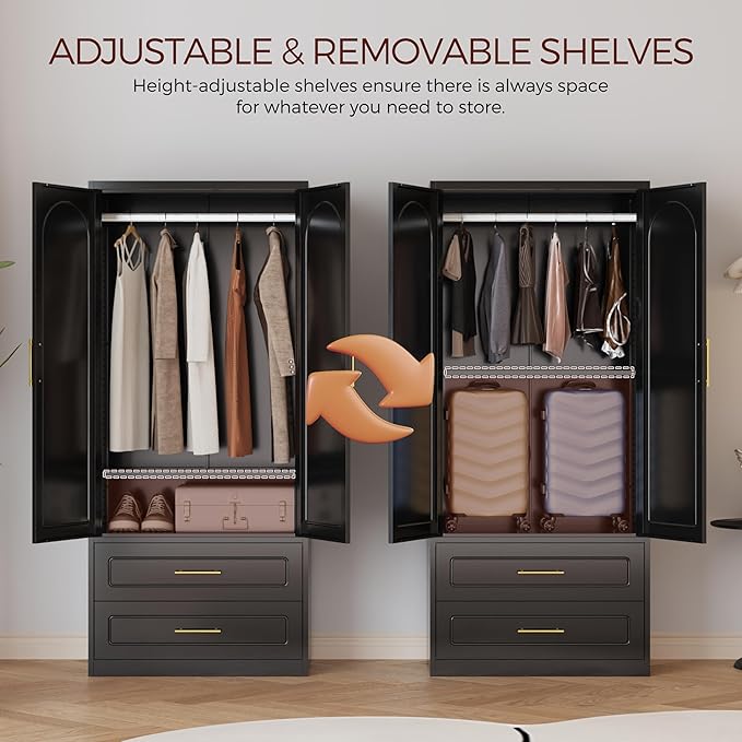 71" Metal Armoire Wardrobe Closet with Doors, Tall Wardrobe Cabinet with 2 Drawers, Hanging Rod and Adjustable Shelves, Black Clothing Storage Cabinets for Bedroom, Home Office