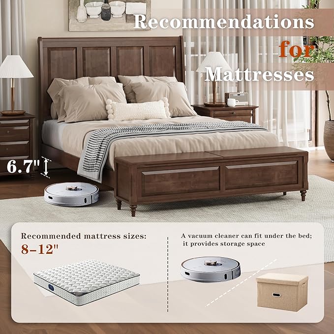 KEIKI Queen Size Bed Frame with Storage Bench, Solid Wood Sleigh Bed with High Headboard and 64" Storage Chest, Rubberwood Platform Bed, No Box Spring Required, Walnut Brown