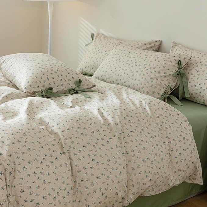 mixinni Country Style Duvet Cover King Size - Cottagecore Green Floral Vintage Bedding 3PC with Bow Ties Pillowcases, 100% Cotton Soft Aesthetic Boho Comforter Cover for Girls-King Size
