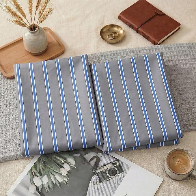 Merryword 100% Cotton Pillow Cases, King Size Pillowcases, Blue and Gray Striped Pillowcases, Soft Breathable Engineered Stripes Pillow Covers, Set of 2