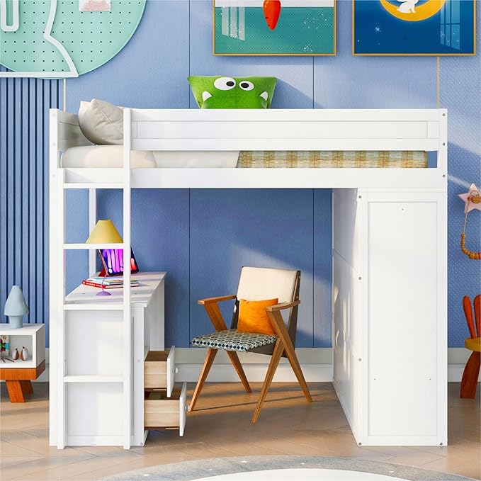 Modern Full Size Loft Bed with Wardrobes and 2-Drawer Desk with Cabinet,Multifunctional Wood Loft Bed for Bedroom,No Box Spring Required (White#Wardrobes, Full)