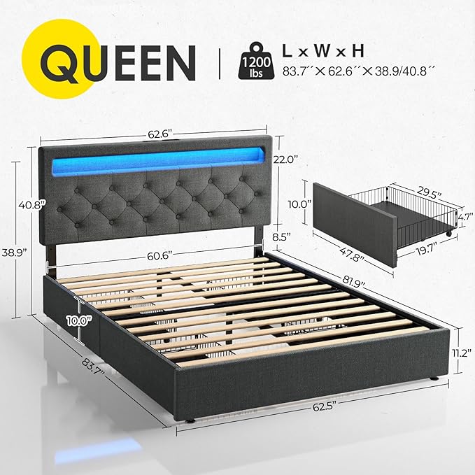 Rolanstar Queen Bed Frame with 4 Storage Drawers and Charging Station, Queen Bed with Led Lights, 2 USB & 1 Type C, Adjustable Headboard 38.9/40.9 Inches, No Box Spring Needed, Dark Gray