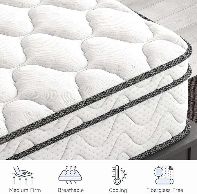 Vesgantti Twin Mattress 10 Inch, Fiberglass-Free | Cool Sleep Hybrid Single Mattress in a Box - Memory Foam & Pocket Springs, Ergonomic Design, Pressure Relief, Medium Firm Feel, 39"*75"*10"