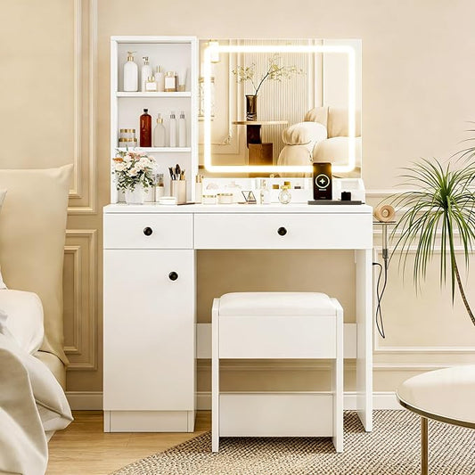 KAMABOKO Vanity Desk with Mirror and Lights, Makeup Vanity Table with Drawers & Shelves, Power Outlet, Dressing Table with Jewelry Storage for Bedroom (007 White)