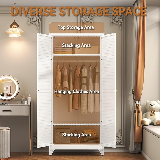 Polup Metal Armoire Wardrobe Closet with Doors, 71" Tall White Wardrobe Cabinet with Hanging Rod and Adjustable Shelves, Steel Clothing Storage Cabinet for Bedroom, School, Employee, Gym, Office