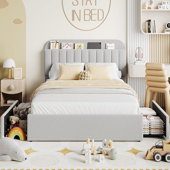 IDEALHOUSE Full Bed Frame with 2 Flexible Drawers and Bookcase Headboard, Boucle Upholstered Platform Bed for Boys/Girls, Noise-Free, Easy Assembly, No Box Spring Needed, Gray