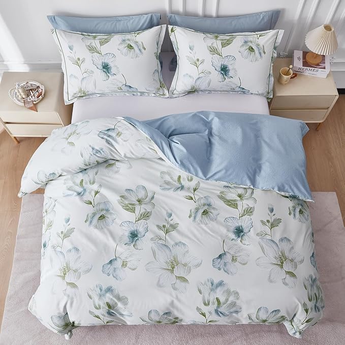 OAITE Duvet Cover Set Queen Size Floral Pattern 500 Thread Count Ultra Soft 100% Cotton Duvet Cover Sets 3-PC, Breathable Duvet Cover with Zipper Closure & Corner Ties