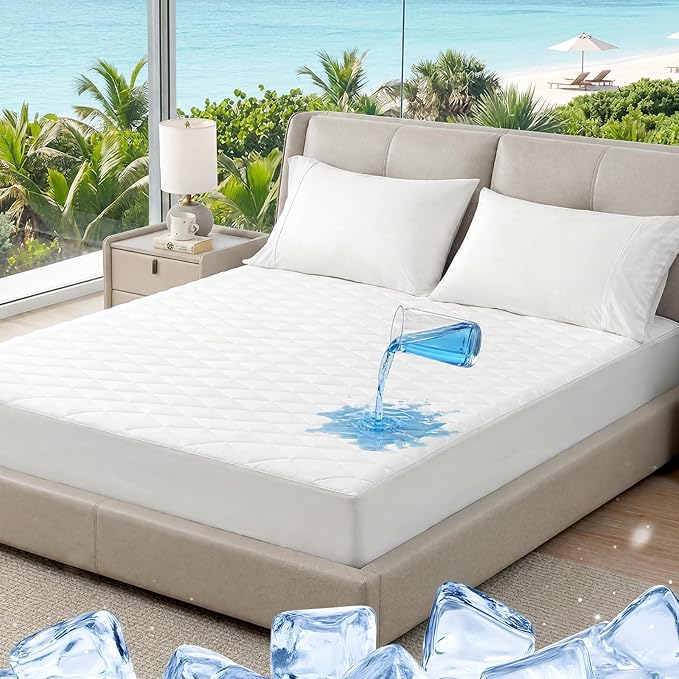 Cozy Bliss Leakproof Cooling Mattress Protector Queen, Q-Max 0.45 Soft Noiseless Breathable Mattress Topper Cover, with Deep Pocket Fits 8–18 Inches for Summer Bed Hot Sleepers, White