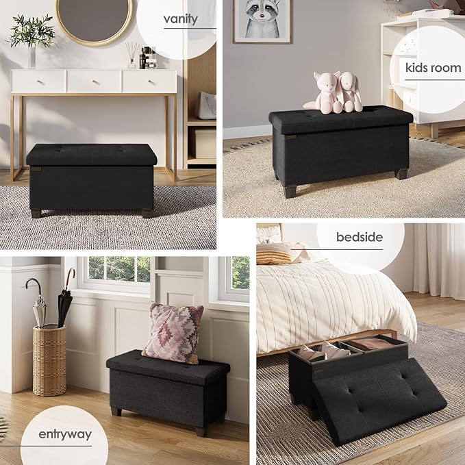 Storage Ottoman Bench with Bins, 30-in Storage Bench for Bedroom End of Bed, Folding Foot Rest Ottoman for Living Room Max 660lbs, Fabric Ottomans, Black