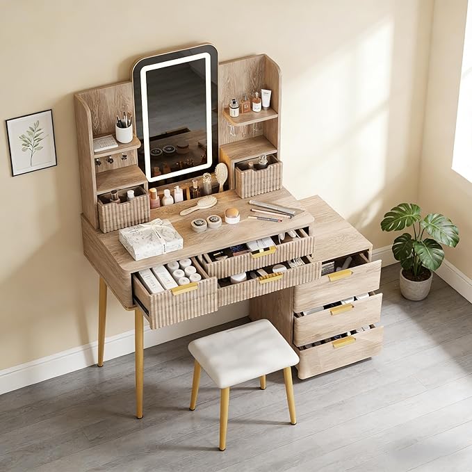 Casaphoria Vanity Desk with LED Mirror & 7 Drawers, Fluted Yellow Brown Dressing Table with Stool for Bedroom Makeup & Jewelry Storage