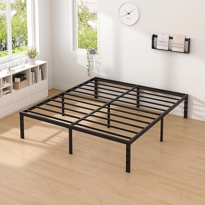 NEW JETO Metal Bed Frame,Queen Size Bed Frame with Storage Space,Heavy Duty Sturdy Mattress Foundation,Easy Assembly,No Box Spring Needed, Black,16 Inch,Queen