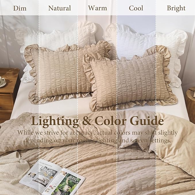 JOLLYVOGUE Twin Size Comforter Set, 2 Pieces Khaki Seersucker Lightweight Fluffy Bedding Set, Twin Ruffle Comforter, All Season Soft Microfiber Shabby Chic Bed Set
