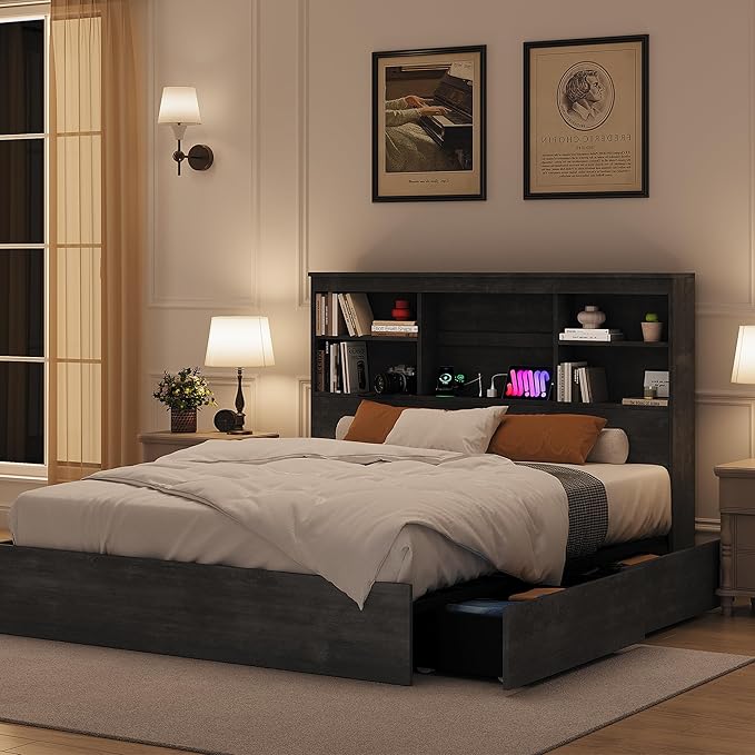 IDEALHOUSE Full Bed Frame with Storage Headboard, Wooden Bed Frame with Charging Station, Storage Bookcase & Full Size Platform Bed with 4 Drawers, No Box Spring Needed, Noise-Free, Ink