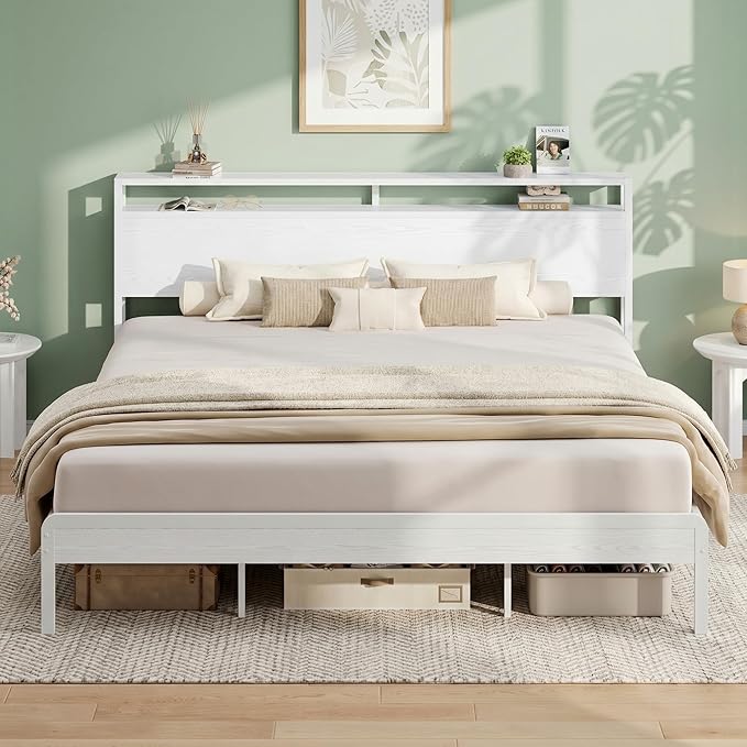 LIKIMIO California King Bed Frame with Headboard, Wood Camas California King with Strong Supports, Sturdy, Noise-Free, No Box Spring Needed, White