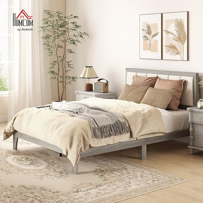 HOMCOM Full Size Bed Frame with Upholstered Headboard, Platform Bed Frame with Wooden Slats, No Box Spring Needed, Easy Assembly, Gray