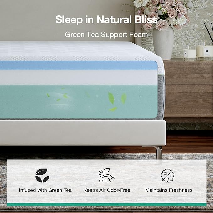 Novilla Bliss Green Tea Mattress Queen Size, 12 Inch Gel Queen Mattress Memory Foam in a Box for Hot Sleepers with Nylon Cover, Cool Comfort & Back Pain Relief & Motion Isolating with Certified Foam