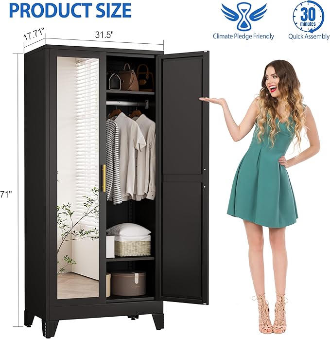 GAIOUS Metal Wardrobe Cabinet with Mirror and Hanging Rod, 71" Metal Clothing Storage Cabinets with 2 Doors and Adjustable Shelves, Black Armoire Wardrobe Closet for Bedroom, Laundry Room, Cloak Room