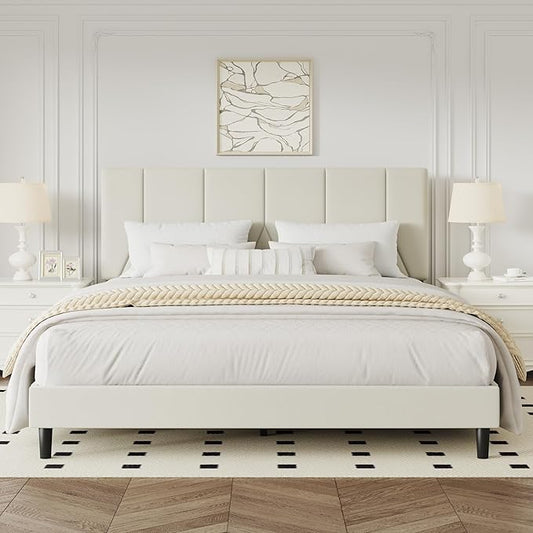 Queen Bed Frame, Padded Platform Bed Frame with Velvet Headboard, Vertical Quilted Design, Sturdy Slatted Mattress Base, No Spring Mattress Required, Easy to Assemble, Beige