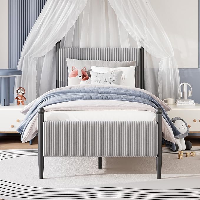 Garvee Twin Size Upholstered Bed Frame - with Velvet Headboard, Soft Corduroy Fabric Platform with Wooden Slats Support & Heavy Duty Feet, No Box Spring Needed, Noise Free, Easy Assembly, Grey