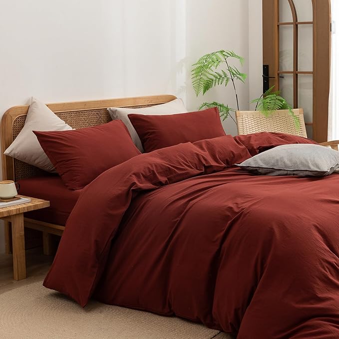 BESTOUCH Duvet Cover Set 100% Washed Cotton Linen Feel Super Soft Comfortable Chic Lightweight 3 PCs Home Bedding Set Solid Fired Brick Red Alaska King