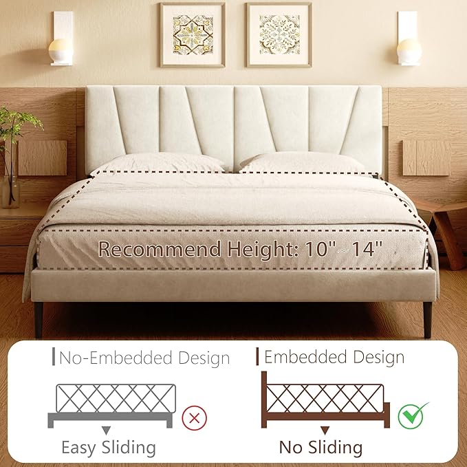 Queen Size Bed Frame, Linen Upholstered Platform Bed with Headboard, Strong Wooden Slats Support, Noise-Free Mattress Foundation, No Box Spring Needed, Easy Assembly, Beige