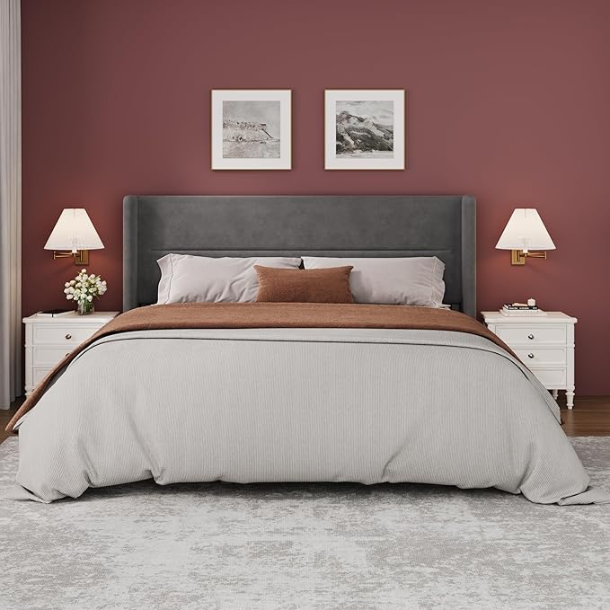 Garvee King Size Bed Frame with Wingback Headboard, Velvet Upholstered Platform Bedframe with Wood Slats, No Box Spring Needed, Easy Assembly, Grey