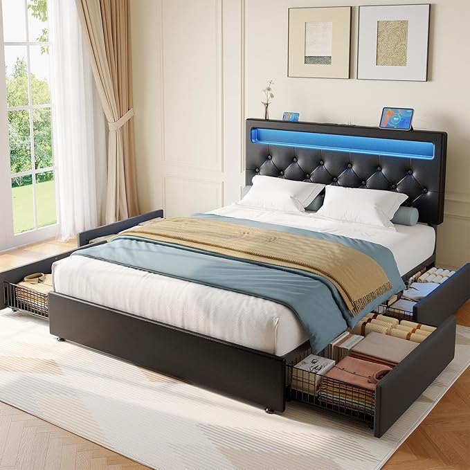 Rolanstar Full Size Bed Frame with 4 Drawers and Charging Station,Twin Bed with Led Lights, 2 USB and 1 Type C, Adjustable Upholstered Headboard 38.9/40.8 Inches, Sturdy, No Box Spring Needed, Black