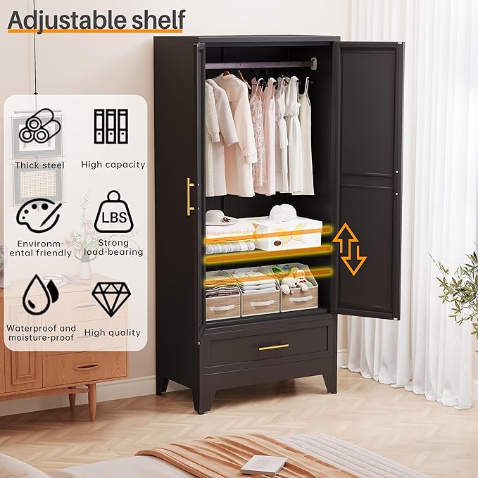 RIETERN Metal Armoire Wardrobe Closet, 71" Tall Bedroom Closet with Mirror, 1 Drawer, Adjustable Shelves, and Hanging Rod, Steel Clothes Closets and Storage, for Bedroom Black
