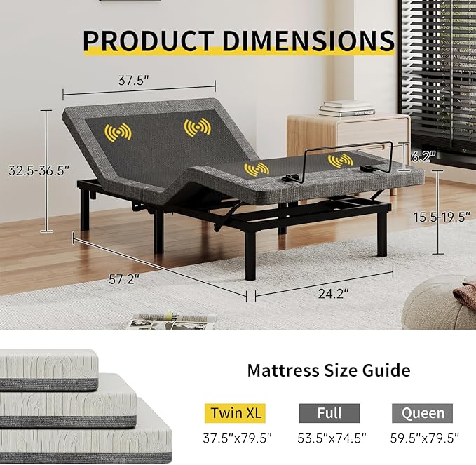 MULIN Twin XL Massage Adjustable Bed Frame with 6 Vibration Modes & Timer, Independent Head/Foot Incline, 2 USB, Wireless Remote, TV/ZG/ZZZ, 6" Legs