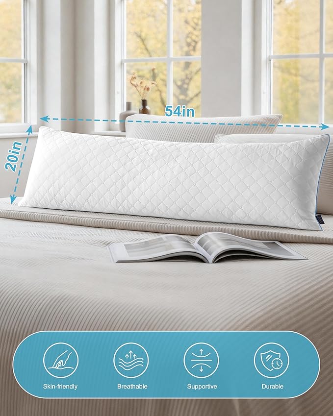 YZ HOME Long Body Pillow for Adults - Firm Body Pillow Insert with Shredded White Memory Foam, Adjustable Height, Soft Support for Side Sleeping, Pregnant Women, Washable (White, 20x54 Inch)