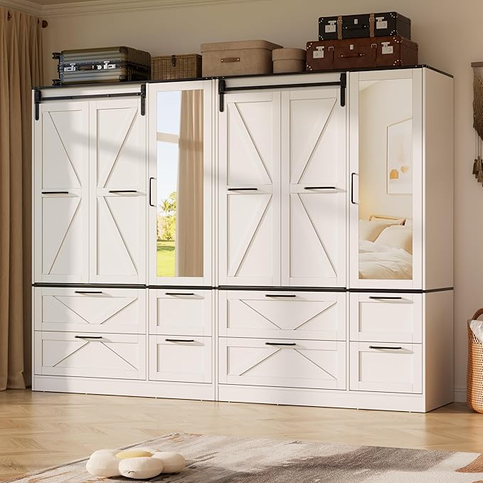 PAKASEPT Armoire Wardrobe Closet with w/Folding Sliding Barn Door, 72.83" H Bedroom Armoires with Mirror and Sensor Lights, Hanging Rod, Wardrobe Closet for Bedroom (6 Doors)