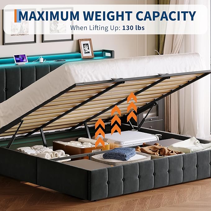 Garvee King Size Lift Up Storage Bed with LED Lights, Upholstered Velvet Bed Frame with Storage Headboard & Charging Station, Metal Platform Bed, No Box Spring Needed, Solid Wooden Slats, Black
