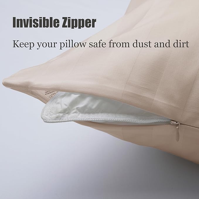 100% Cotton Soft Body Pillow Protectors with Invisible Zipper 20X54 Inches Body Pillow Cases, 600 Thread Count Soft Pillow Cases, Striped Beige Color 1-Pack